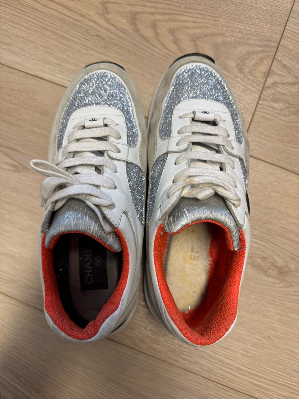 CHANEL White, Silver Glitter and Orange Low-Top Running Sneakers Size 8 (38) - Picture 7 of 16
